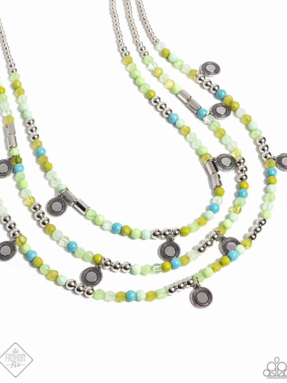 Green, Turquoise, yellow multi strand beaded necklace w/ silver disc medallions